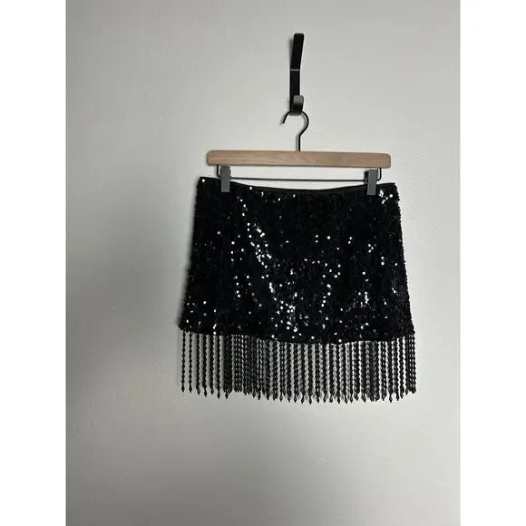 Reformation Black Martina Showgirl Sequin Mini Beaded Fringe Womens Skirt Size 2 - Picture 1 of 8